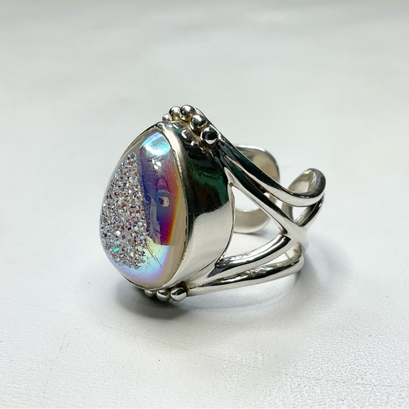 Sajen Sterling Silver Druzy Agate Ring Huge Adjustable - Picture 2 of 10